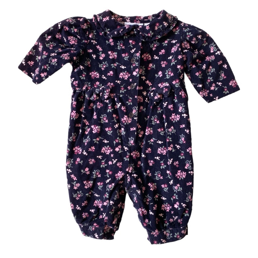 VINTAGE Jumper Romper Velour Floral Pink Blue Overalls Pants Bow Onesie Outfit